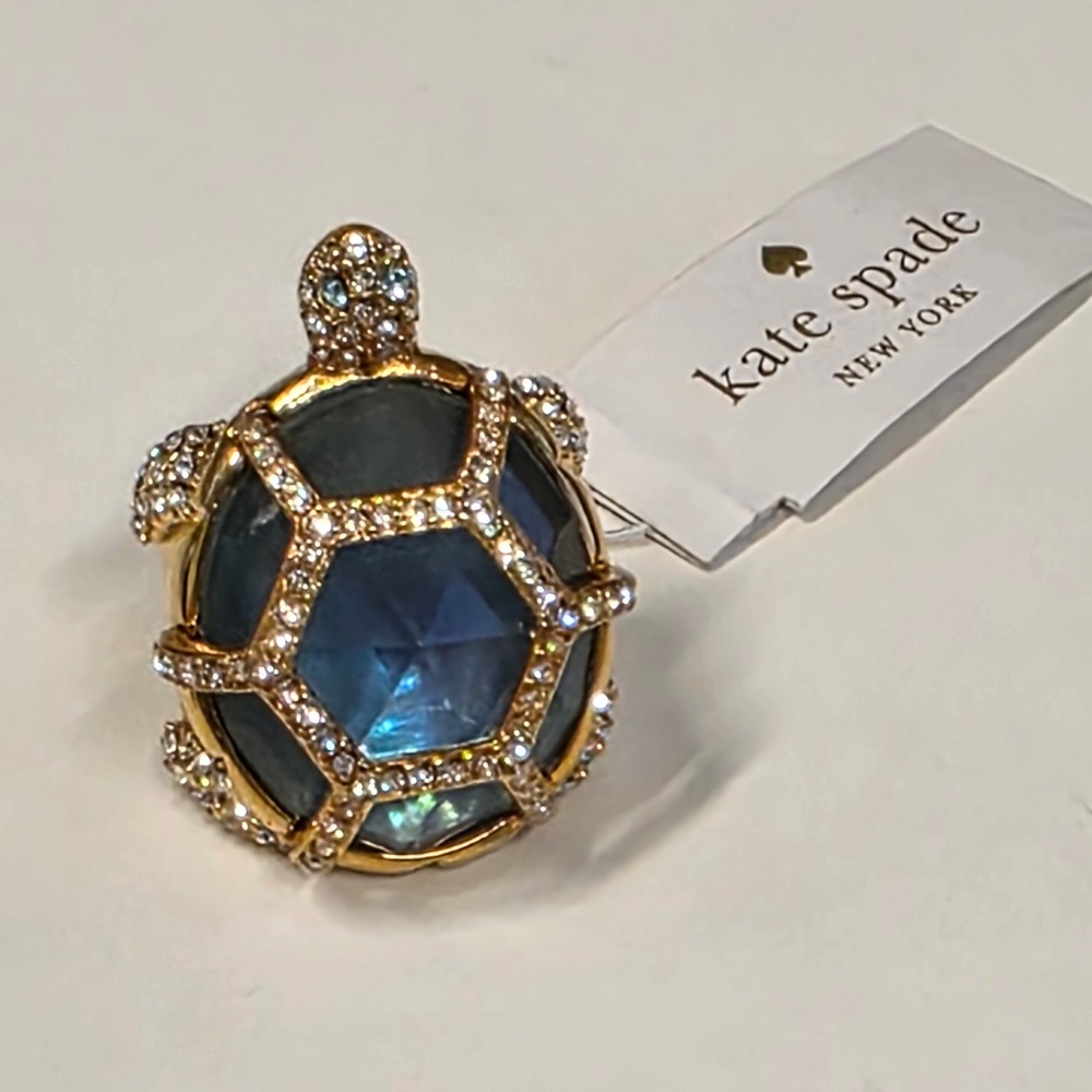 Kate Spade New York Blue Glass Turtle Statement Ring Gold Tone Crystal Pavé